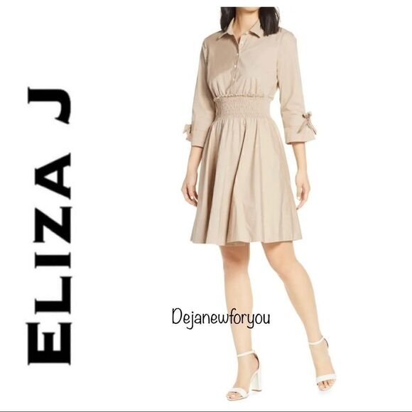 Eliza J Dresses & Skirts - ELIZA J SMOCKED WAIST KHAKI POPLIN SHIRTDRESS